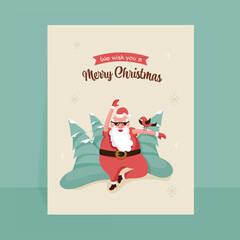 Wall Mural - Merry Christmas Greeting Card With Cheerful Santa Claus, Bird And Xmas Trees On Beige Snowflakes Background.