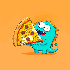 A cute little monster eating a slice of pizza