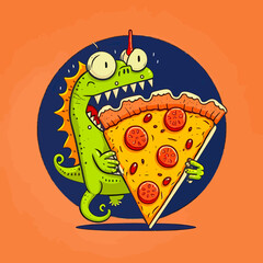 A cute little monster eating a slice of pizza