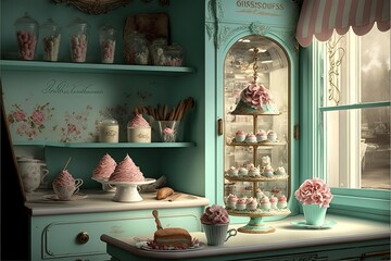 shabby chic style cake shop interior 