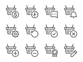 Wall Mural - Shopping cart and Customer's basket line icons. Online purchase settings, Checkout process and Store product vector outline icon set.