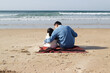 © KAMPUS - Pleased Japanese family on blanket on beach. Father and daughter in casual clothes sitting on blanket, hugging. Family, relaxation, nature concept