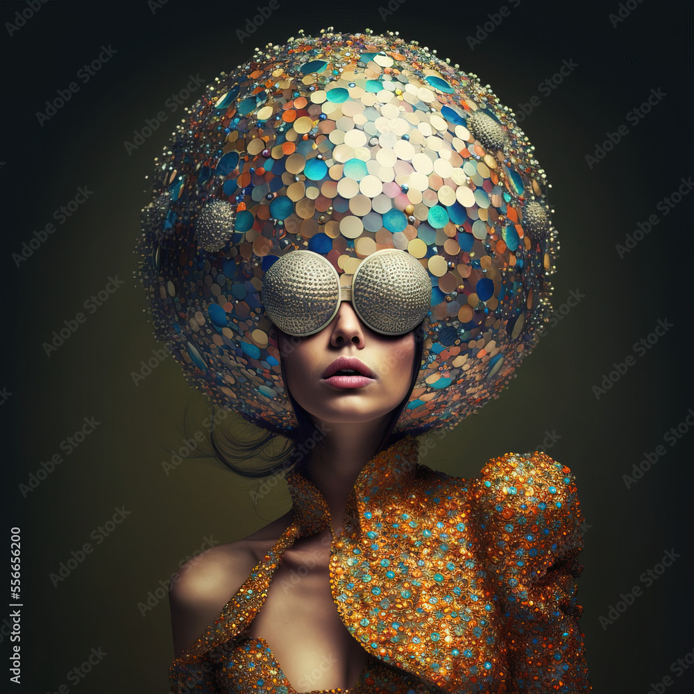 Party outfit, young woman ready to go out. Disco styling glitter, disco ball.  Futuristic but retro look, young people having fun the old fashioned way.  Illustration. Generative AI. Stock Illustration | Adobe