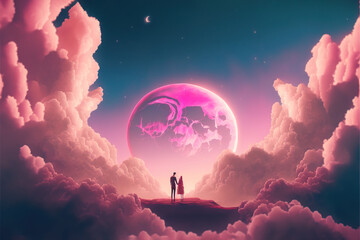 A couple in love celebrating Valentine's Day under a bright full moon. Pink and purple gentle colors landscape. Date night in soft clouds. Illustration. Generative AI.