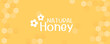 Beehive honey sign label with hexagon grid cells, yellow daisy flower and cute bee cartoon on white background vector.