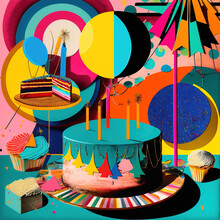 Birthday Fusion Of Contemporary Art And Old Fashioned Style. Pop Art Background, Colorful Colors, Collage Of Different Elements And Symbols Of Celebration And Party. Illustration. Generative AI.