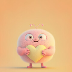 A small, cute, illustrated, fantasy, pastel color creature of wool holding a love heart. A baby monster from a children's fairy tale. Generative AI.