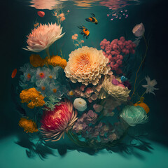 Underwater creative love concept of fresh Spring flowers in water background. Love is in the water, happy Valentine's Day. Illustration. Generative AI.