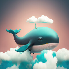  A small colorful illustrated whale fish sailing through the sky, through soft, white, thick clouds. Abstract elegant, blue, water animal. Generative AI.