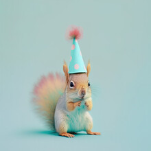 A Cute Little Birthday Squirrel With Birthday Cap Celebrating His Birthday, Symbol Of Love. Pastel, Creative, Animal Concept. Birthday Party For Squirrel. Illustration. Generative AI.