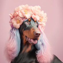 Portrait Of A Dog Woman With Pink Wig Hair And An Interesting, Messy, Flower Hairstyle. Abstract Fashion Style, Retro Vintage Hair. Illustration. Generative AI.