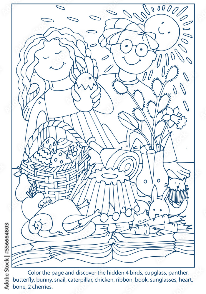 Easter Coloring page with game finding hidden objects. Boy and Girl with a bunny at the Easter table. Spring game. Puzzle for children or adult. Hand drawn vector illustration Stock Vector | easter-coloring-page-with-game-finding-hidden-objects-boy-and-girl-with-a-bunny-at-the-easter-table-spring-game-puzzle-for-children-or-adult-hand-drawn-vector-illustration-stock-vector
