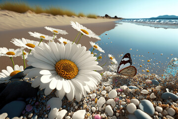 Fototapete - Coastline sea, chamomile flowers on background of surf, flying butterflies. Landscape sea sand and flowers