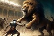 Supernatural epic fight, gladiator and lion, fantasy image dynamic, Generative Ai,