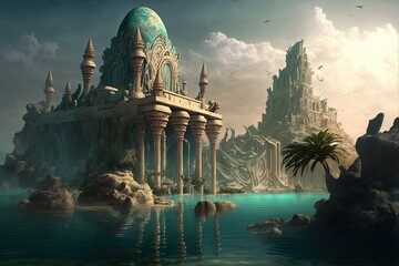 the lost city of atlantis, ancient city, beautiful architecture of a fantasy world with perfect clea