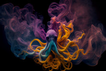 Generative AI Illustration Of Smoke Octopus With Colorful Orange And Purple And Blue Tentacles On Black Background