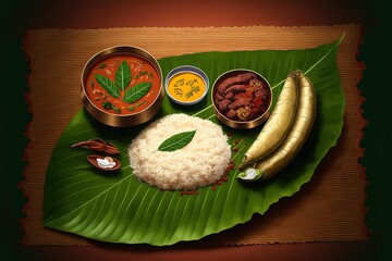 Wall Mural - Kerala sadya traditional food served on banana leaf with rice sambar avial payasam and other dishes. Generative AI
