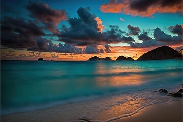 Wall Mural - Pre-dawn view of the Moku islands at Lanikai Beach, Oahu, Hawaii stock photo Beach, Cloud - Sky, Coastline, Color Image, Dawn. Generative AI