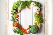 Vegetables frame on white wooden background stock photo Agriculture, Autumn, Broccoli, Cabbage, Carrot. Generative AI