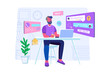 © Andrey - Technical support concept with people scene for web. Man in headset chatting with clients and answering customer calls, consulting and solving problems. Illustration in flat perspective design