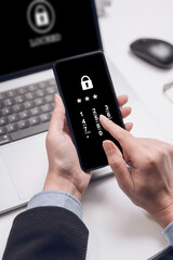 business woman enter pin code on phone. Information security concept.