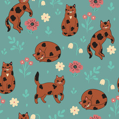 Wall Mural - Seamless pattern with spotted cats and flowers. Vector graphics.