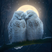 Romantic Love Scene Of Two Owl Together With Moonlight With Snow. Generative Ai