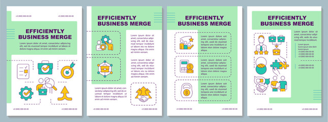 Successful merging companies green brochure template. Financial transaction. Leaflet design with linear icons. Editable 4 vector layouts for presentation, annual reports. Arial, Myriad Pro fonts used