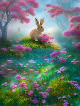 Artistic Cartoon Painting Of Fantasy Rabbit In The Garden, Wallpaper