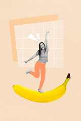 Sticker - Vertical collage picture of cheerful overjoyed black white effect girl stand dancing big banana isolated on drawing background