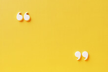 Quotation Mark With Copy Space On Yellow Background, White Quotation Mark On Yellow Wall 3d Illustration.