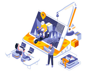 Poster - Online delivery landing page template. Ordered parcel shipment website header UI layout with isometric illustration. Express logistics, product distribution web banner isometry concept