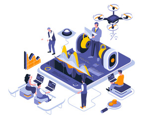 Poster - Business training landing page template. Coaching session with mentor website header UI layout with isometric illustration. Seminar for employees and executives web banner isometry concept