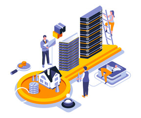 Poster - Real estate landing page template. Private property website header UI layout with isometric illustration. Residential apartment, buildings and skyscrapers web banner isometry concept