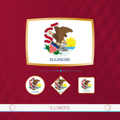 Wall Mural - Set of Illinois flags with gold frame for use at sporting events on a burgundy abstract background.