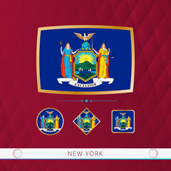 Wall Mural - Set of New York flags with gold frame for use at sporting events on a burgundy abstract background.