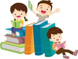 Wall Mural - back to school with kids reading book education happy children concept