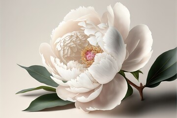 Wall Mural - a white flower with a green leaf on a white background with a shadow of the flower on the right side.