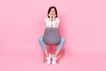 Wall Mural - full length photo of pretty adorable lady sit stool listen colleague work break pause dressed stylis