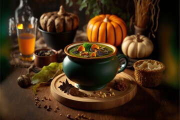 Poster - a bowl of soup with a spoon and a glass of orange juice in the background and a pumpkin and other autumn decorations.