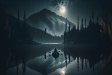 A Lonely Man Riding A Boat In Through A Scary Forest At Night Near A Large Mountain Generative AI
