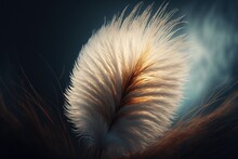 A White Feather Is Shown In The Dark Sky With Clouds In The Background And A Blue Sky In The Background., Generative Ai