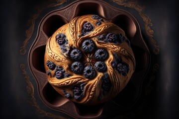 Poster - a pastry with blueberries in a bowl on a table top view from above.