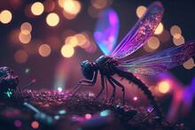 Surrealistic Shiny Dragonfly On Bokeh Background Lights