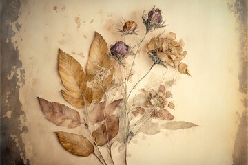 Poster - a painting of a bunch of flowers on a wall with a peeling paint finish and a faded background with a faded edge.