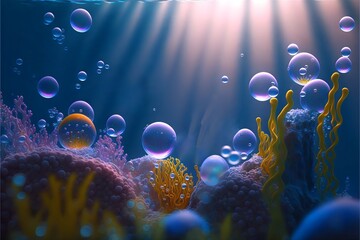 Fototapete - Bright blue underwater landscape with bright sun rays plankton algae and air bubbles.Underwater world cartoon illustration.AI generated.