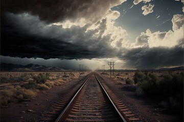 Wall Mural - a train track with a sky filled with clouds above it and a train track in the foreground with a train on the tracks., generative ai