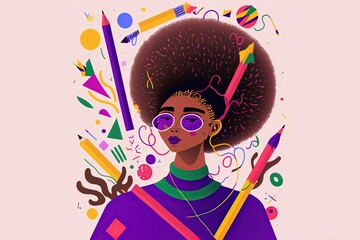 female illustrator madness, flat vector style, cmyk pastel colors, illustration made with generative