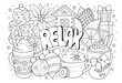Relax hand drawn coloring page with winter holiday objects for kids and adults. Cute antistress Christmas coloring book sheet with patterns and details