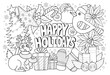 Happy holidays anti stress colouring book page with quote for kids and adult. Cute hand drawn Christmas coloring page for mental relaxation